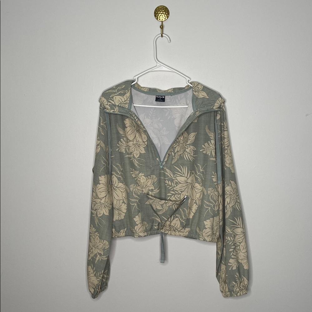 Hurley Green and Cream Cropped Hooded Jacket - Picture 3 of 8